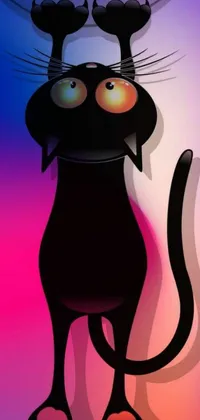 This live wallpaper features a black cat standing upright against a sunset background