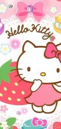 This phone live wallpaper features an adorable Hello Kitty design with sweet strawberries and cupcakes