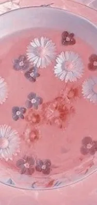 This phone live wallpaper showcases a tantalizing bowl of food on a wooden table surrounded by pretty pink daisies and cymatics-inspired waveforms