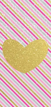 This phone wallpaper features a shimmering gold heart set against a pink and white striped background