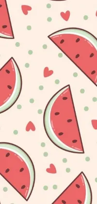 This lively phone wallpaper features a charming design of watermelon slices and hearts, perfect for celebrating the summer season
