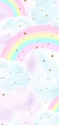 This live wallpaper is a charming depiction of colorful rainbows set against a blue sky