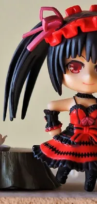 This live wallpaper showcases a close-up photograph of a doll wearing a striking red and black costume
