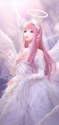 This high-quality anime live wallpaper features a stunning anime girl with pink hair and angel wings