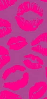 This vibrant phone live wallpaper features a playful design of lipstick kisses arranged on a soft pink background