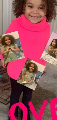 This adorable phone live wallpaper showcases a cute 4-year-old girl holding a stack of colorful pictures