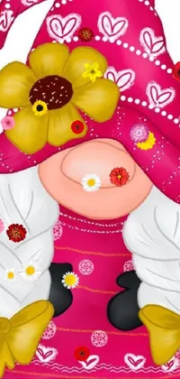 This live wallpaper for phones features a charming cartoon gnome in a pink hat and vibrant yellow bow