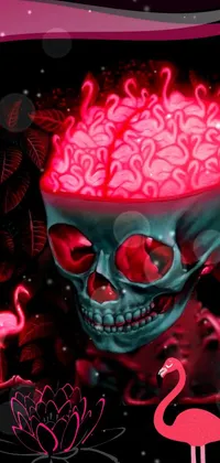 This Live Wallpaper showcases an eye-catching skull with a luminous shining brain and a pair of flamboyant flamingos