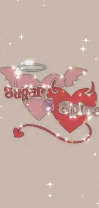 This phone live wallpaper features a heart with angel wings and the words "sugar" and "spice"