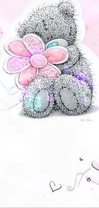 This charming phone live wallpaper features an intricate drawing of a fluffy teddy bear holding a daisy, set against a whimsical sky filled with pink and grey clouds