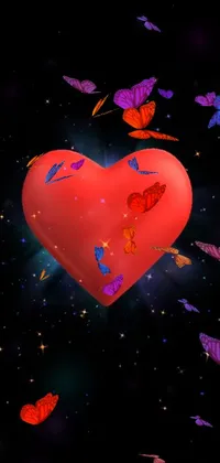 This stunning live phone wallpaper features a red heart surrounded by fluttering butterflies, against a black background
