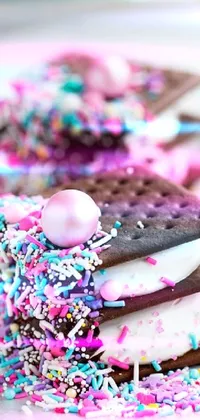 Satisfy your sweet tooth with this live wallpaper featuring scrumptious ice cream sandwiches with sprinkles in a fun blend of pink, white and turquoise hues