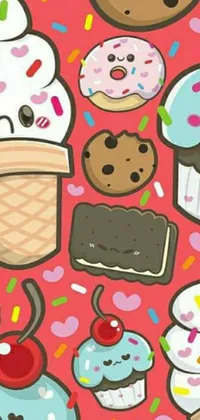 Looking for a cute and playful phone wallpaper that's filled with sugary goodness? Check out this adorable live wallpaper featuring an array of cupcakes, donuts, and sweet treats set against a soft pink background