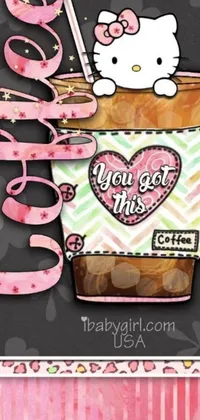 This live wallpaper features a cup of coffee with a Hello Kitty sticker, surrounded by a ribbon