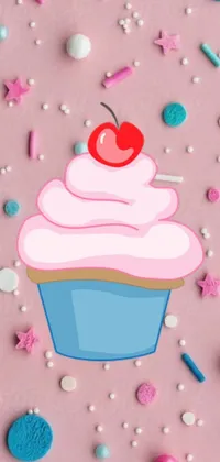 This phone live wallpaper depicts a whimsical cupcake, complete with a juicy cherry and multicolored sprinkles