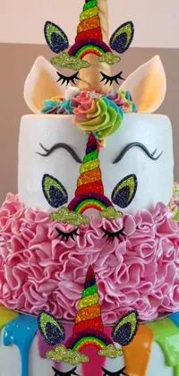 This lively phone live wallpaper showcases a multi-tiered cake adorned with colorful frosting flowers and hearts, while a cute unicorn figurine sits atop it