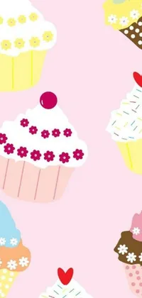 Looking for a sweet and playful live wallpaper for your phone? Look no further than this charming cupcake design! Featuring vector art cupcakes arranged on a soft pink background, this wallpaper is sure to delight anyone with a sweet tooth