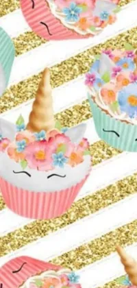 Sprinkle some sweetness in your phone with this cupcake live wallpaper! The design features a bunch of cupcakes, each adorned with a cute unicorn face and sparkling gold flaked flowers