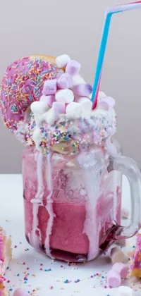 This phone live wallpaper features a pink milkshake topped with sprinkles and marshmallows, inspired by a classic diner look