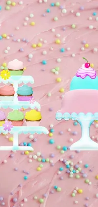This beautiful live wallpaper features a scrumptious cake sitting on a table with delicious frosting covering it, complimented by a fancy, pastel background