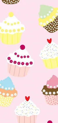 This live phone wallpaper is perfect for dessert-lovers everywhere, featuring a playful pattern of cupcakes set against a soft pink background