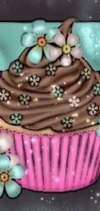 This phone live wallpaper features a delicious cupcake with chocolate frosting as its main attraction, adorned with beautiful flowers and bedazzled with glitter and sprinkles for added glamour and sparkle