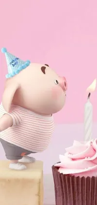 Looking for a lively and fun live wallpaper for your phone? This Pixar-designed wallpaper features a charming pig figurine blowing out a candle on top of a delicious cupcake