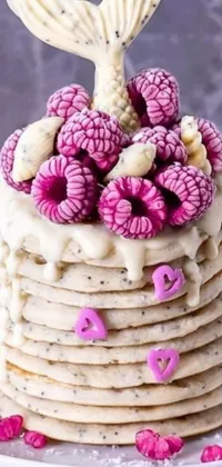 This phone live wallpaper features a striking visual arrangement of delectable food items, including a stack of raspberry-topped pancakes on a white plate, intricate art deco pasta designs, a pink frosted donut, a blonde creamy croissant with layers, a steaming cup of latte art coffee, and colorful macarons spread out on a table