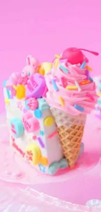 This live phone wallpaper features a colorful and playful ice cream cone with sprinkles and a cherry on top, set against a pastel tumblr background with elements of kawaii decora and rainbowcore styles