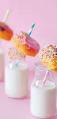 This phone live wallpaper depicts three glasses of milk with donuts and sprinkles on top