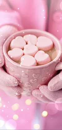 This mobile live wallpaper features a heart-shaped image of a warm cup of cocoa or tea with fluffy marshmallows floating on top