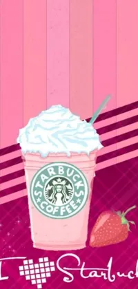This live wallpaper showcases a Starbucks cup overflowing with whipped cream and fresh strawberries