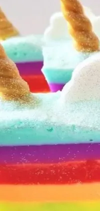 This live wallpaper features a fun and colorful design of a rainbow cake with a unicorn horn sticking out of it