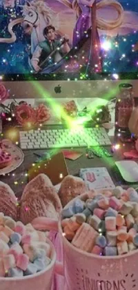 This live wallpaper boasts a fun computer sitting atop a marshmallow covered table, filled with digital art and neon sparkles