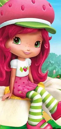 This animated phone wallpaper features a delightful cartoon Strawberry Shortcake perched on a vibrant flower