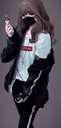 This phone live wallpaper features an anime-inspired woman dressed in a white shirt and black pants holding a cigarette