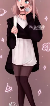 This phone live wallpaper showcases an anime drawing of a furry Art character holding a microphone, wearing a white hijab and black clothes