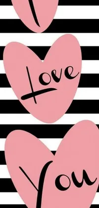 This live phone wallpaper features two adorable pink hearts on a black and white striped background