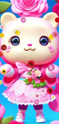This adorable phone live wallpaper features a cat wearing a lovely pink dress, surrounded by stunning pink roses