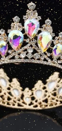 This phone live wallpaper showcases a stunning close-up of an opalescent crown resting on a table