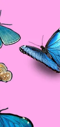 This stunning live phone wallpaper features a group of charming blue butterflies exploring a soft and delightful pink background