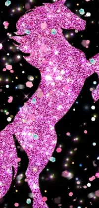 Enjoy this sparkling Pink Glitter Unicorn live wallpaper for your phone! The design features a black background with a fun Lisa Frank inspired pink glitter unicorn standing on its hind legs
