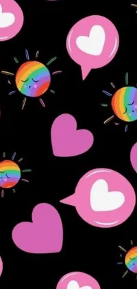 This phone live wallpaper features hearts floating on a black background with a Lisa Frank-inspired aesthetic