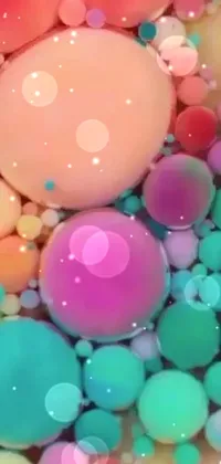 This phone live wallpaper showcases a vibrant array of colorful bubbles floating seamlessly on top of each other, creating an enchanting display of abstract art