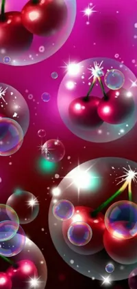 Looking for an enchanting live wallpaper for your phone? Check out this stunning digital art piece! The Cherry Bubble Live Wallpaper features a closeup view of a cluster of brilliantly-colored cherries floating in sparkling bubbles on a magenta background