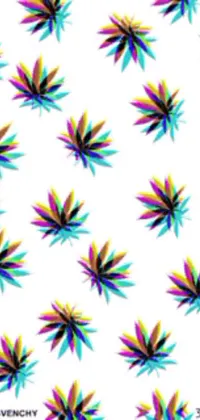 This live wallpaper for your phone showcases a colorful pattern of marijuana leaves against a white background