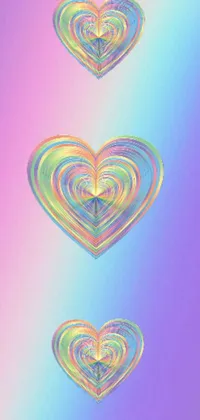 The "Hearts in Love" phone live wallpaper is a stunning depiction of two hearts, beautifully designed with a holographic texture, set against a colorful background image that lends a vibrant and eye-catching look to your phone's display