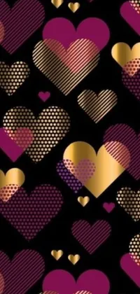 This live phone wallpaper showcases a charming vector art heart pattern in black, accentuated with a smooth purple and gold draping background