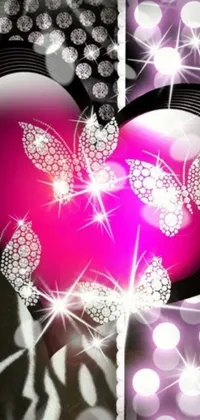 This live wallpaper features a bedazzled, pink heart sitting on top of a striking black and white background