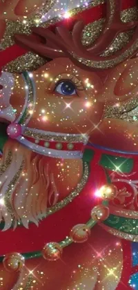 This live phone wallpaper showcases a beautiful close-up of a reindeer on a red backdrop, accompanied by multiversal glittering ornaments